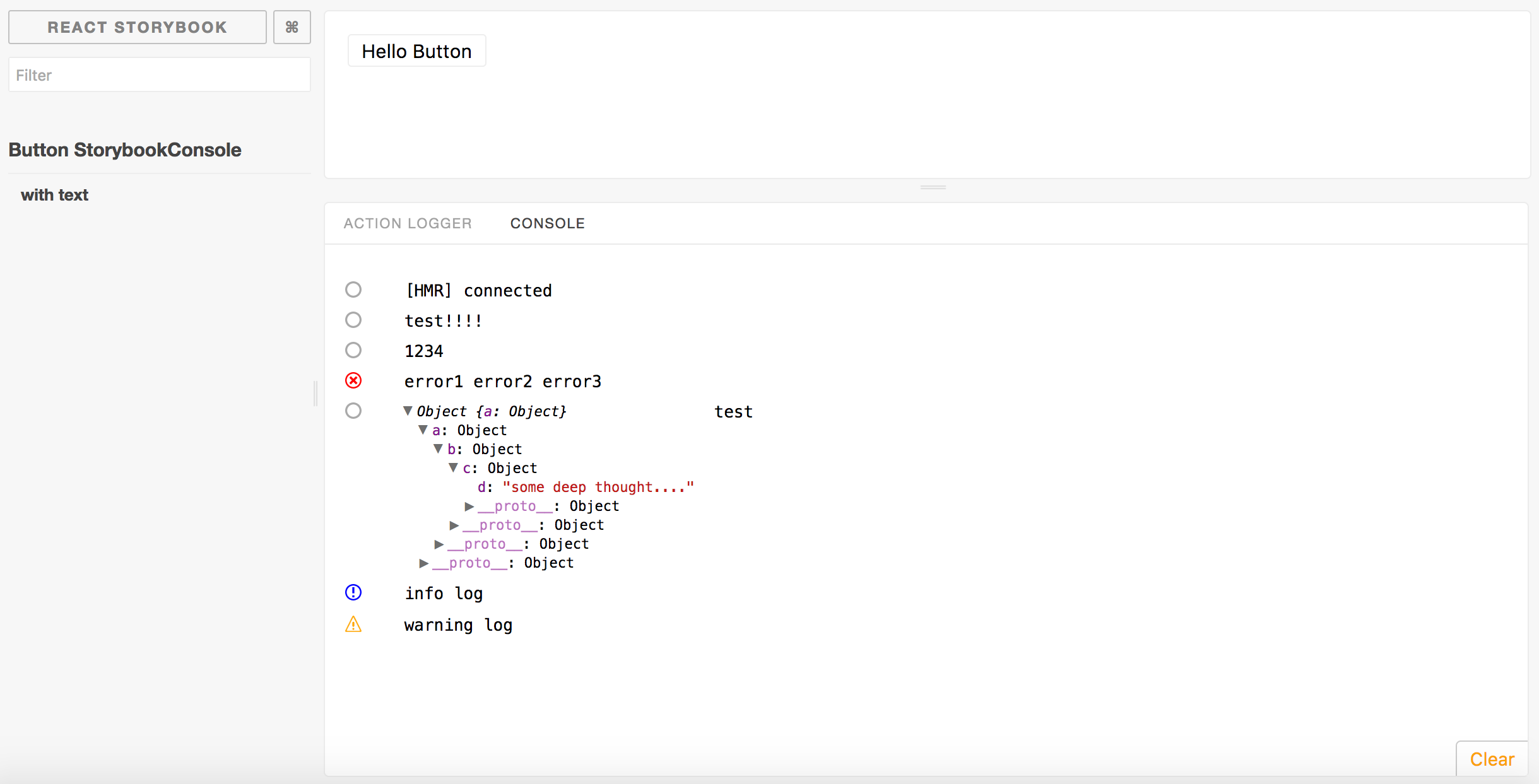 React Storybook Console Screenshot